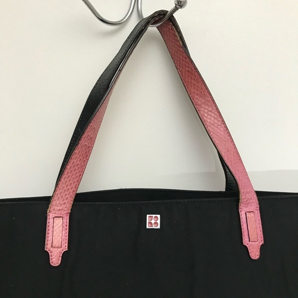 Kate Spade NY 14258 black nylon shoulder bag tote pink python leather straps - Picture 3 of 14